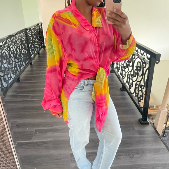 Vintage Sheer Blouse Top Shirt Oversized Button Up - Picture 8 of 10